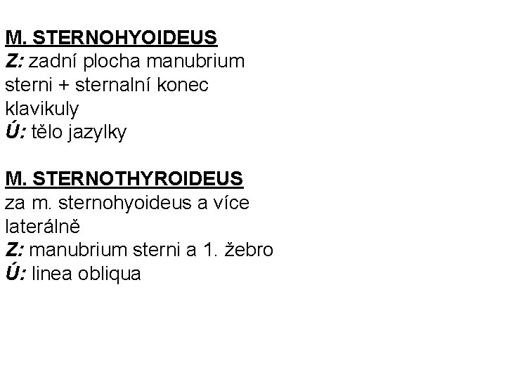 M. STERNOHYOIDEUS Z: zadní plocha manubrium sterni + sternalní konec klavikuly Ú: tělo jazylky