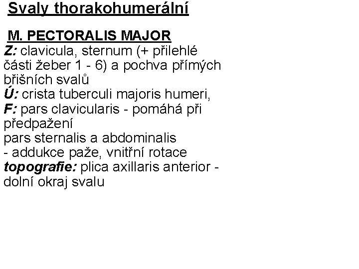 Svaly thorakohumerální M. PECTORALIS MAJOR Z: clavicula, sternum (+ přilehlé části žeber 1 -