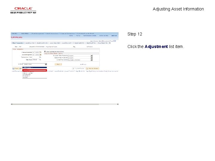 Adjusting Asset Information Step 12 Click the Adjustment list item. 