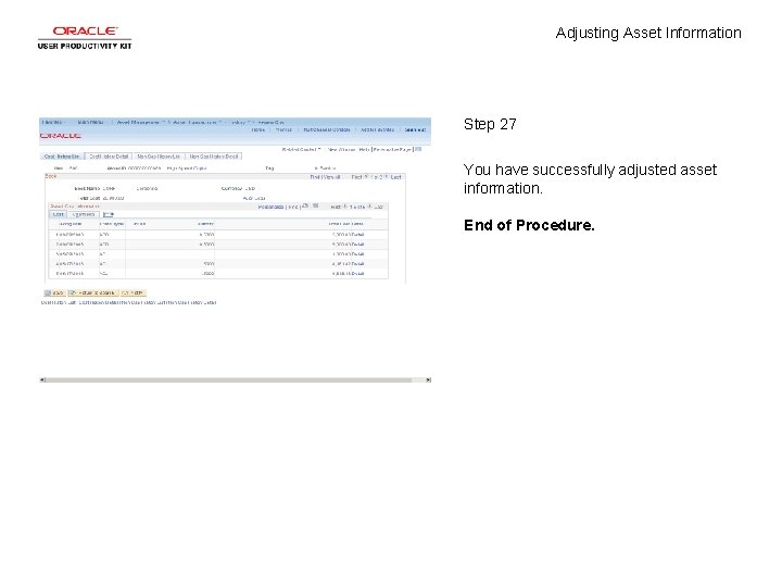 Adjusting Asset Information Step 27 You have successfully adjusted asset information. End of Procedure.