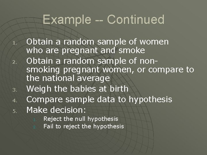 Example -- Continued 1. 2. 3. 4. 5. Obtain a random sample of women