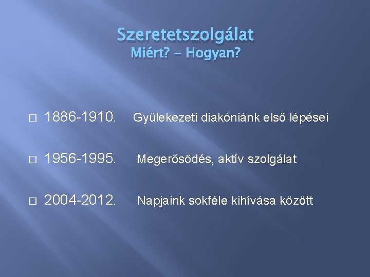 Szeretetszolgálat Miért? - Hogyan? � 1886 -1910. Gyülekezeti diakóniánk első lépései � 1956 -1995.