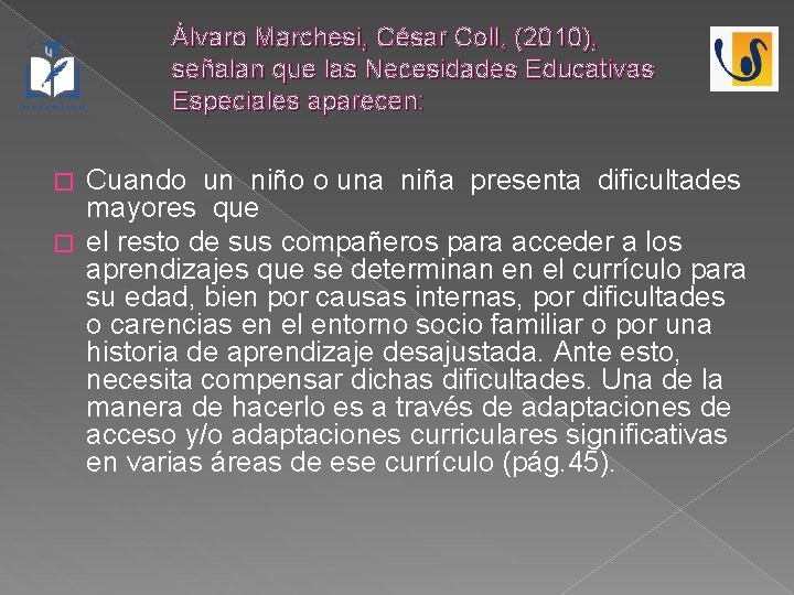 Álvaro Marchesi, César Coll, (2010), señalan que las Necesidades Educativas Especiales aparecen: Cuando un