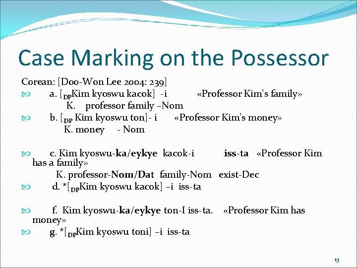 Case Marking on the Possessor Corean: [Doo-Won Lee 2004: 239] а. [DPKim kyoswu kacok]