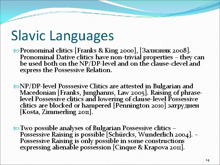 Slavic Languages Pronominal clitics [Franks & King 2000], [Зализняк 2008]. Pronominal Dative clitics have