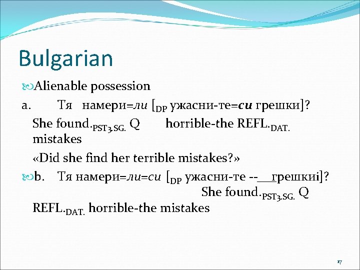 Bulgarian Alienable possession а. Тя намери=ли [DP ужасни-те=си грешки]? She found. PST 3. SG.