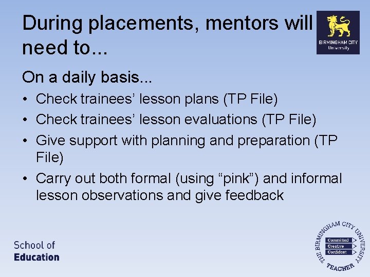 During placements, mentors will need to. . . On a daily basis. . .