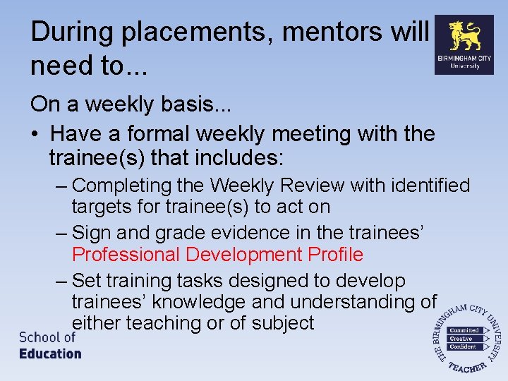 During placements, mentors will need to. . . On a weekly basis. . .