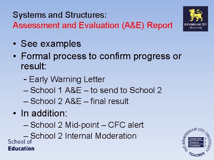 Systems and Structures: Assessment and Evaluation (A&E) Report • See examples • Formal process