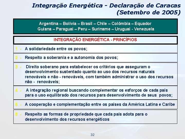 Integração Energética - Declaração de Caracas (Setembro de 2005) Argentina – Bolívia – Brasil