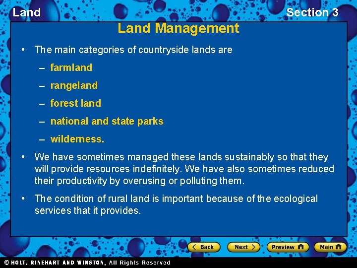 Land Section 3 Land Management • The main categories of countryside lands are –