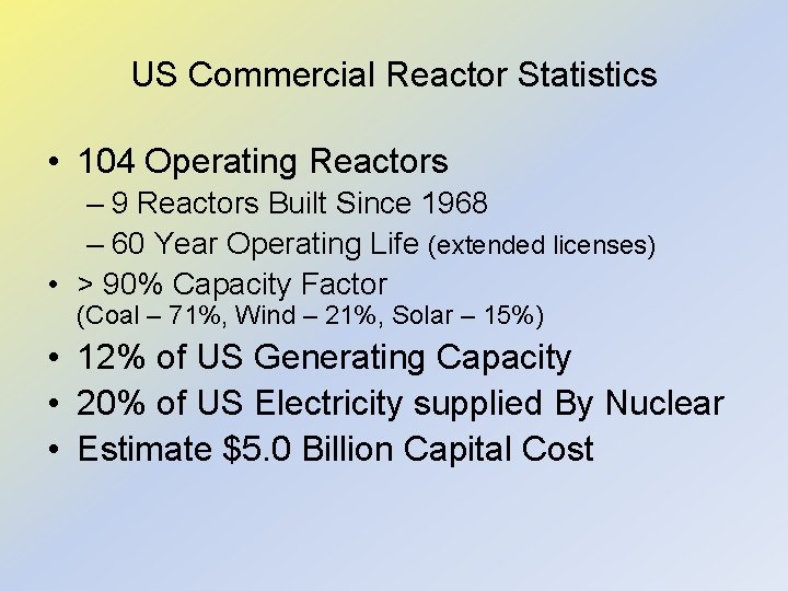 US Commercial Reactor Statistics • 104 Operating Reactors – 9 Reactors Built Since 1968