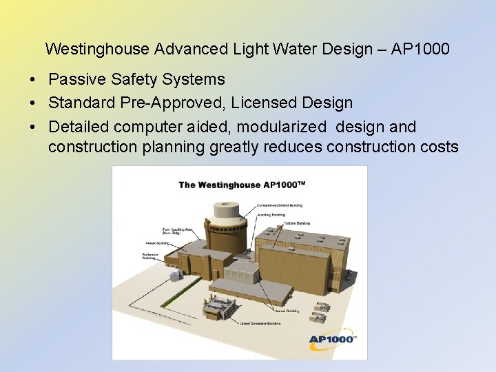 Westinghouse Advanced Light Water Design – AP 1000 • Passive Safety Systems • Standard