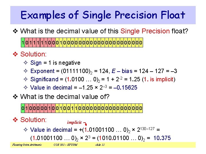 Examples of Single Precision Float v What is the decimal value of this Single