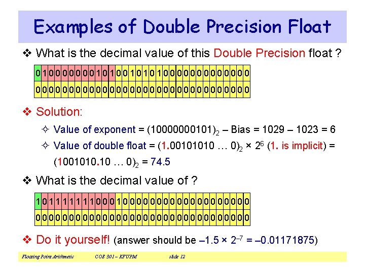 Examples of Double Precision Float v What is the decimal value of this Double