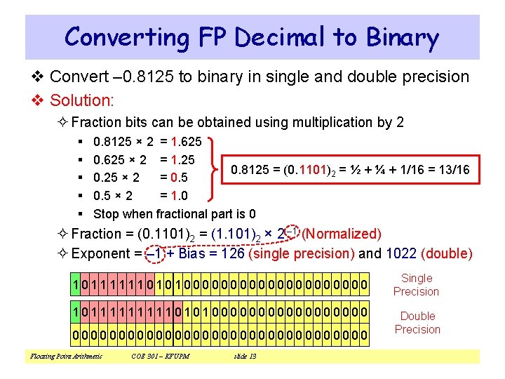 Converting FP Decimal to Binary v Convert – 0. 8125 to binary in single