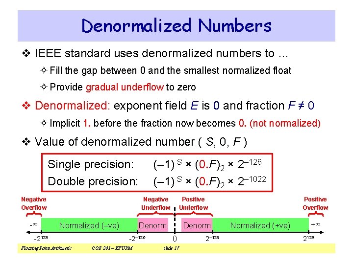 Denormalized Numbers v IEEE standard uses denormalized numbers to … ² Fill the gap