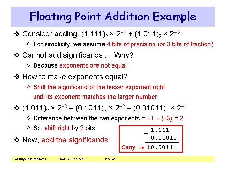 Floating Point Addition Example v Consider adding: (1. 111)2 × 2– 1 + (1.