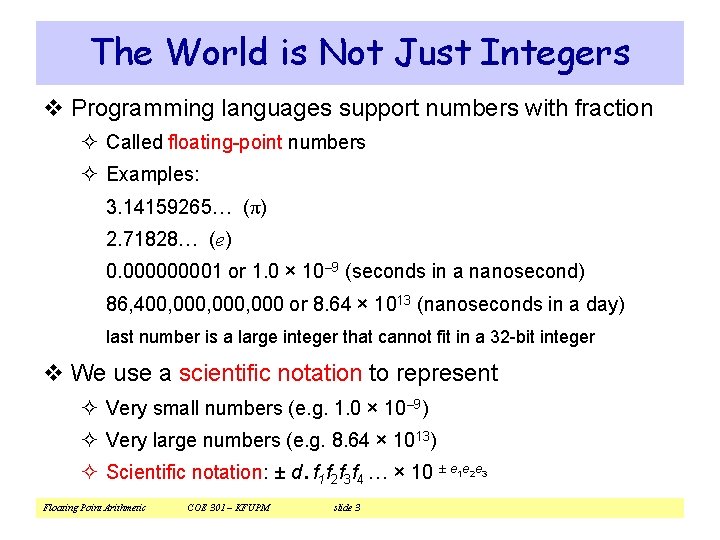 The World is Not Just Integers v Programming languages support numbers with fraction ²