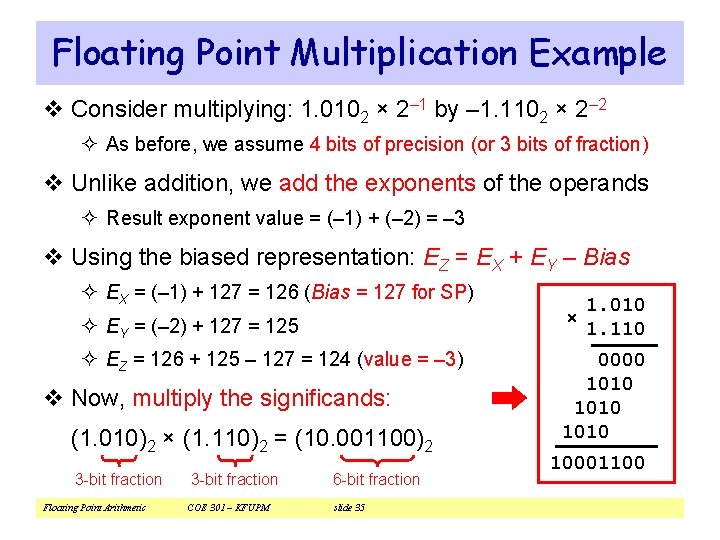 Floating Point Multiplication Example v Consider multiplying: 1. 0102 × 2– 1 by –