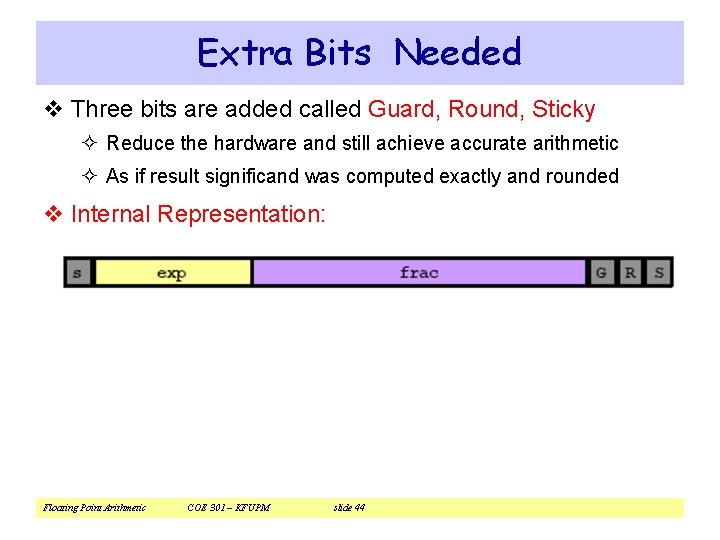 Extra Bits Needed v Three bits are added called Guard, Round, Sticky ² Reduce