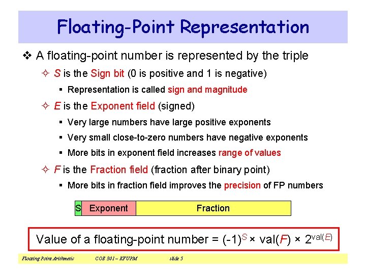 Floating-Point Representation v A floating-point number is represented by the triple ² S is