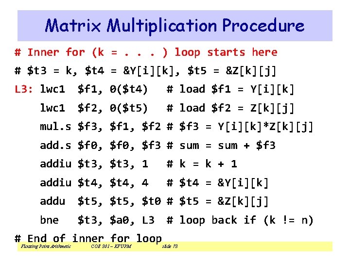 Matrix Multiplication Procedure # Inner for (k =. . . ) loop starts here