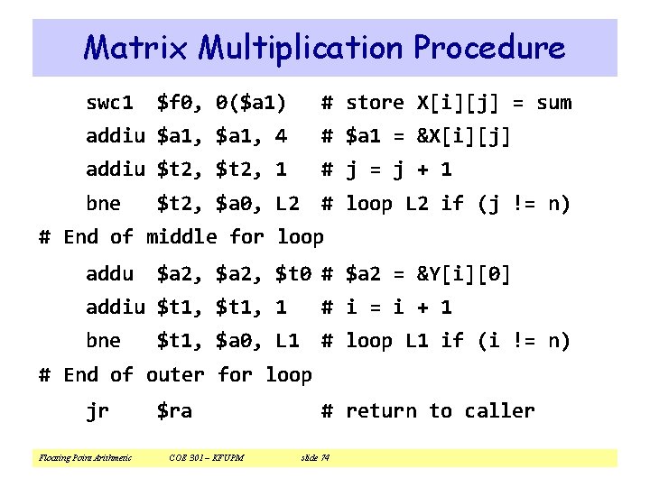 Matrix Multiplication Procedure swc 1 $f 0, 0($a 1) # store X[i][j] = sum