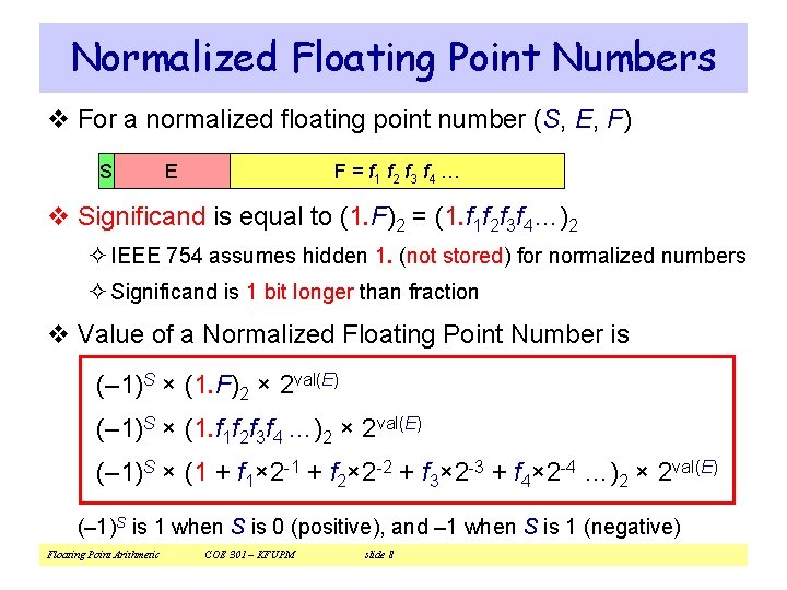 Normalized Floating Point Numbers v For a normalized floating point number (S, E, F)