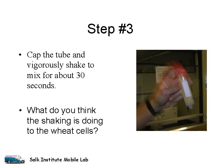 Step #3 • Cap the tube and vigorously shake to mix for about 30 Step #3 • Cap the tube and vigorously shake to mix for about 30