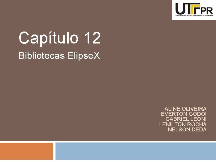 Capítulo 12 Bibliotecas Elipse. X ALINE OLIVEIRA EVERTON GODOI GABRIEL LEONI LENILTON ROCHA NELSON