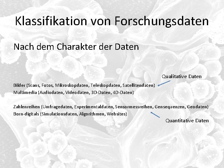 Klassifikation von Forschungsdaten Nach dem Charakter der Daten Qualitative Daten Bilder (Scans, Fotos, Mikroskopdaten,