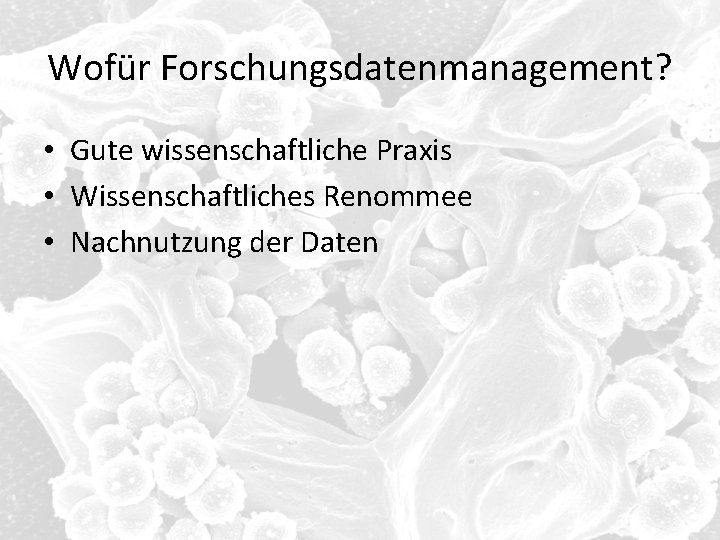 Wofür Forschungsdatenmanagement? • Gute wissenschaftliche Praxis • Wissenschaftliches Renommee • Nachnutzung der Daten 