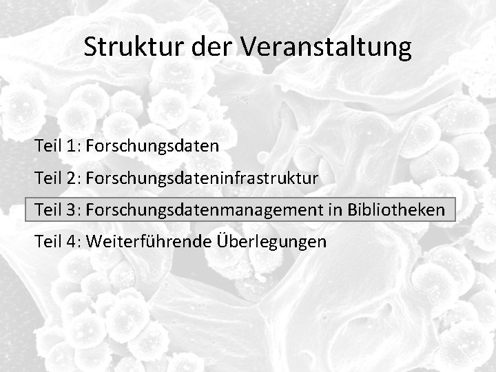 Struktur der Veranstaltung Teil 1: Forschungsdaten Teil 2: Forschungsdateninfrastruktur Teil 3: Forschungsdatenmanagement in Bibliotheken