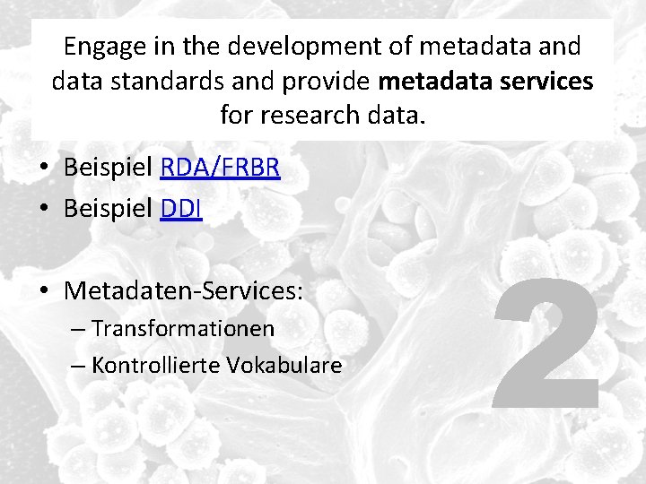 Engage in the development of metadata and data standards and provide metadata services for