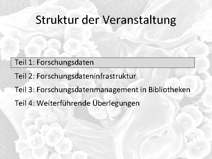 Struktur der Veranstaltung Teil 1: Forschungsdaten Teil 2: Forschungsdateninfrastruktur Teil 3: Forschungsdatenmanagement in Bibliotheken