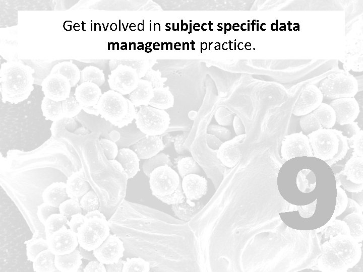 Get involved in subject specific data management practice. 9 