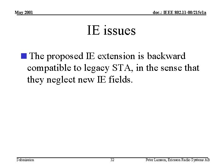 May 2001 doc. : IEEE 802. 11 -00/215 r 1 a IE issues <The