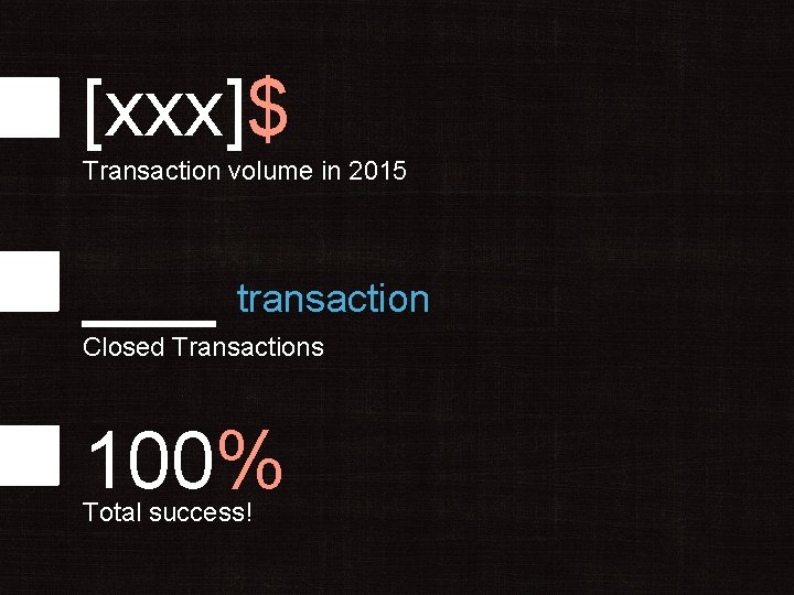 [xxx]$ Transaction volume in 2015 ___ transaction Closed Transactions 100% Total success! 