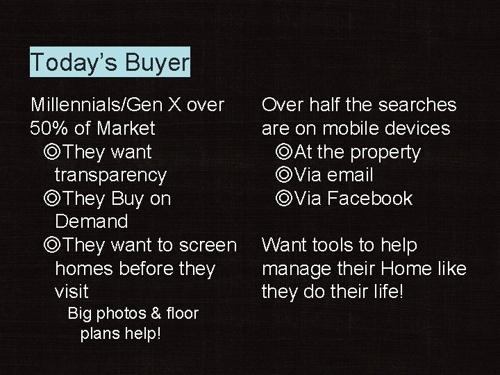 Today’s Buyer Millennials/Gen X over 50% of Market ◎They want transparency ◎They Buy on