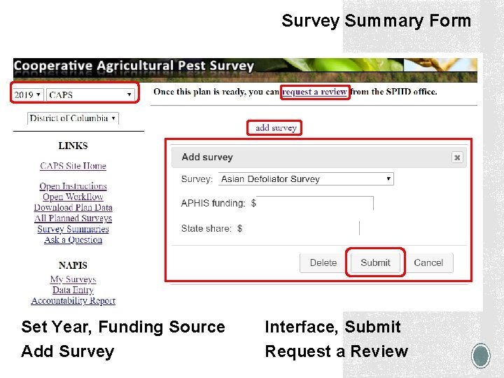 Survey Summary Form Set Year, Funding Source Add Survey Interface, Submit Request a Review