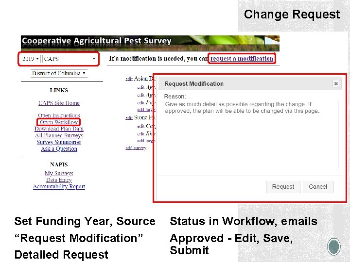 Change Request Set Funding Year, Source “Request Modification” Detailed Request Status in Workflow, emails