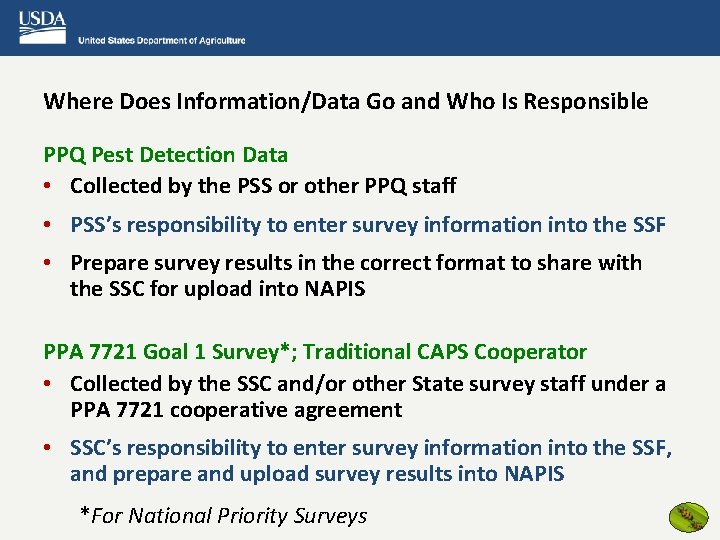 Where Does Information/Data Go and Who Is Responsible PPQ Pest Detection Data • Collected