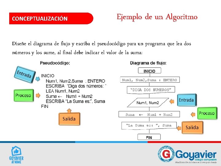 CONCEPTUALIZACIÓN Ejemplo de un Algoritmo Diseñe el diagrama de flujo y escriba el pseudocódigo