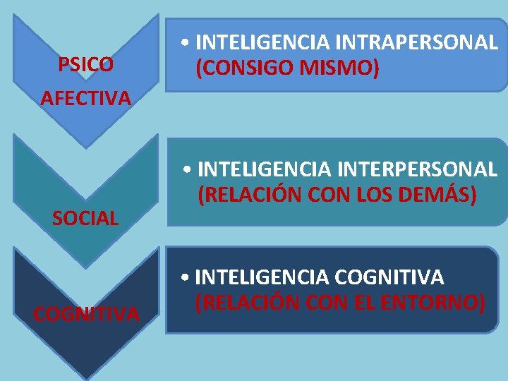 PSICO AFECTIVA SOCIAL COGNITIVA • INTELIGENCIA INTRAPERSONAL (CONSIGO MISMO) • INTELIGENCIA INTERPERSONAL (RELACIÓN CON