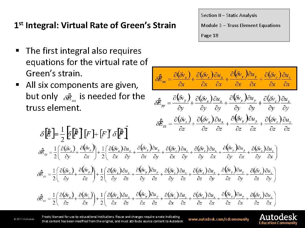Section II – Static Analysis 1 st Integral: Virtual Rate of Green’s Strain Module