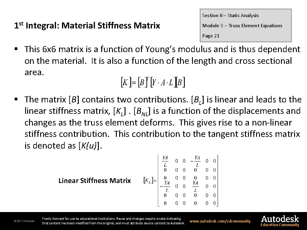 Section II – Static Analysis 1 st Integral: Material Stiffness Matrix Module 3 –