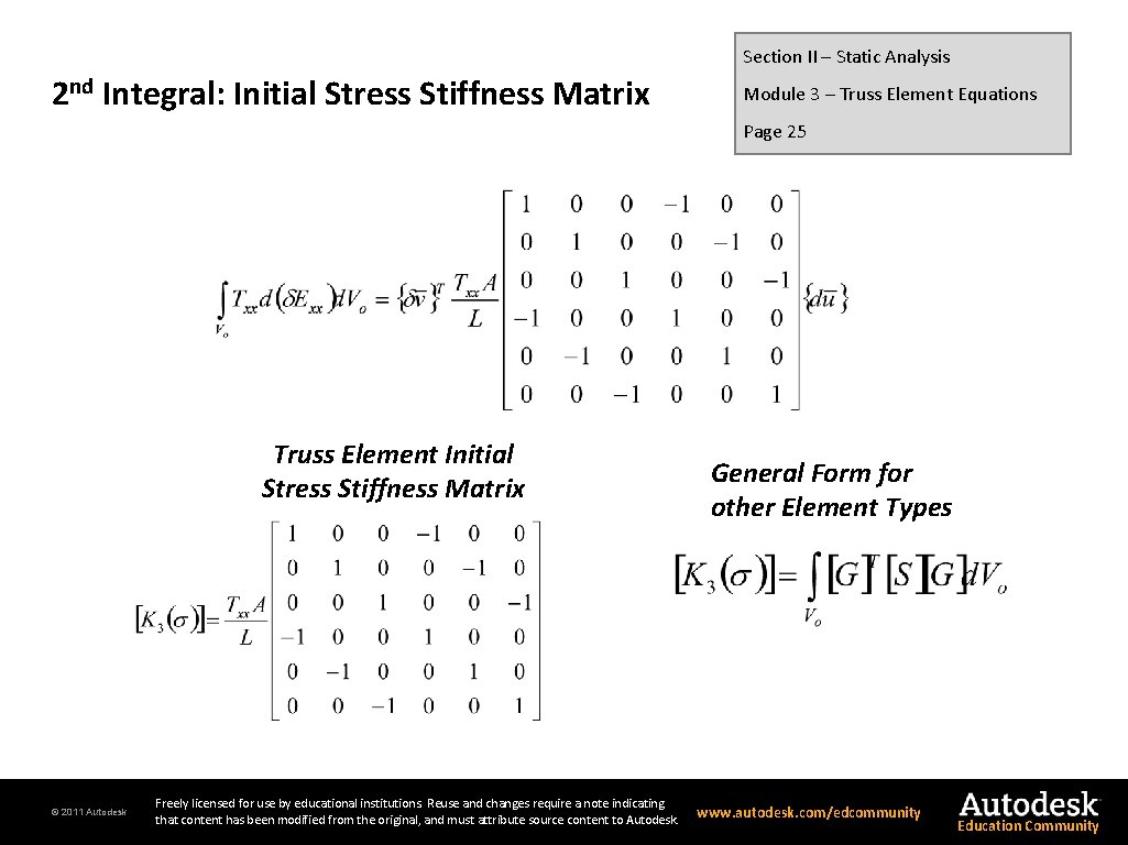 Section II – Static Analysis 2 nd Integral: Initial Stress Stiffness Matrix Module 3