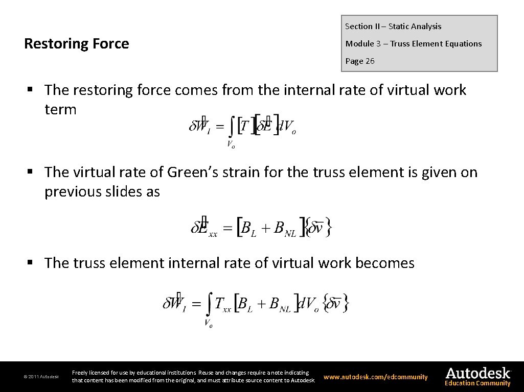 Section II – Static Analysis Restoring Force Module 3 – Truss Element Equations Page