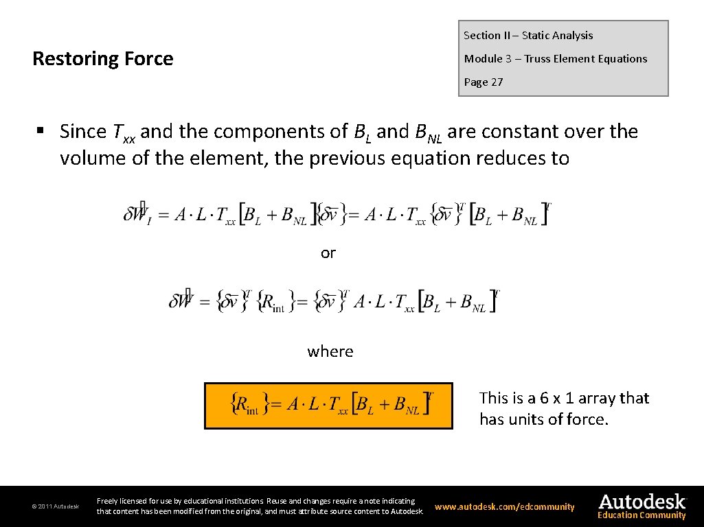 Section II – Static Analysis Restoring Force Module 3 – Truss Element Equations Page